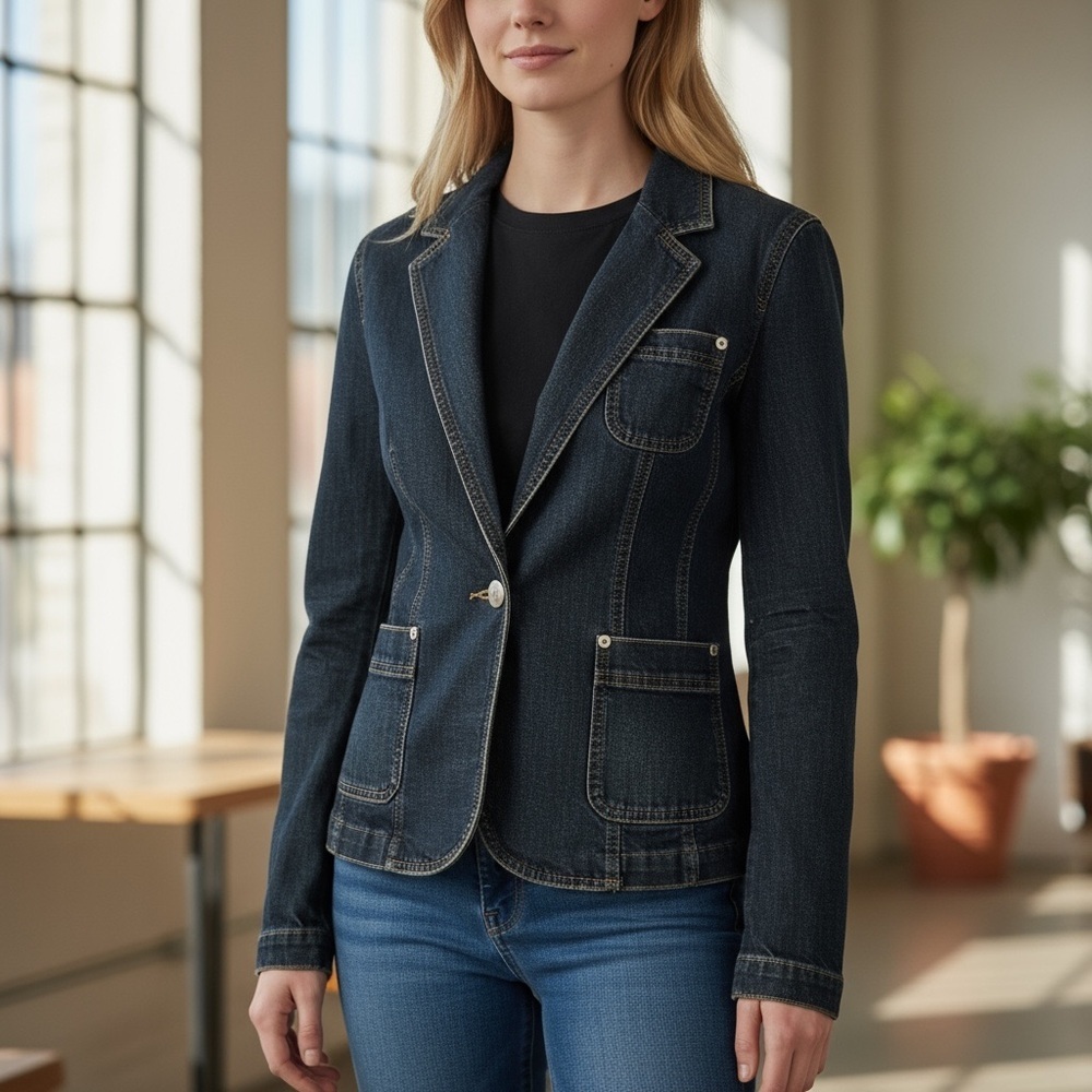 Isaac Mizrahi Blue Denim Jacket One Button Size M - Picture 1 of 9